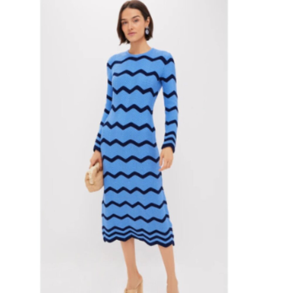 Blue Zigzag Midi Dress - Long Sleeve